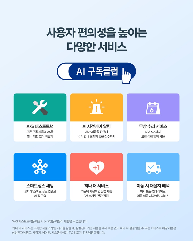 사용자 편의성을 높이는 다양한 서비스

AI 구독클럽

A/S 패스트트랙
모든 구독 제품의 AS를 횟수 제한 없이 빠르게

AI 사전케어 알림
AI가 제품을 진단해 수리 안내 전화와 방문 접수까지

무상 수리 서비스
최대 6년까지 고장 걱정 없이 사용

스마트싱스 세팅
설치 후 스마트 싱스 연결로 AI 홈 구축

하나 더 서비스
기존에 사용하던 삼성 제품 1개 추가로 간단 점검

이동 시 재설치 혜택
이사 또는 인테리어로 제품 이동 시 재설치 서비스

* A/S 패스트트랙은 하절기 6~9월은 이용이 제한될 수 있습니다.

'하나 더 서비스'는 구독한 제품의 방문 케어를 받을 때, 삼성전자 가전 제품을 추가 비용 없이 하나 더 점검 받을 수 있는 서비스로 해당 제품은 삼성전자 냉장고, 세탁기, 에어컨, 시스템에어컨, TV, 건조기, 김치냉장고입니다.
