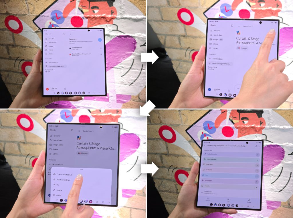 강연 녹음과 PDF 파일을 업로드하면 제미나이 노트북이 팟캐스트, 프레젠테이션 슬라이드, 퀴즈 등 사용자가 필요한 형식으로 변환할 수 있도록 제안해 준다.