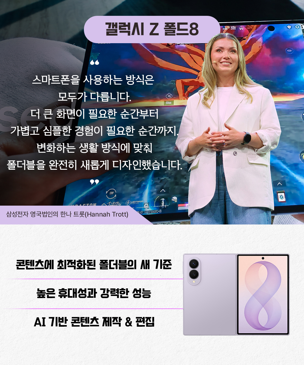 한나 트롯 삼성전자 영국법인 관계자가 대형 폴더블 화면을 배경으로 갤럭시 Z 폴드8을 소개하는 모습. 하단에는 콘텐츠에 최적화된 화면, 높은 휴대성과 성능, AI 기반 콘텐츠 제작·편집 기능이 강조돼 있다.