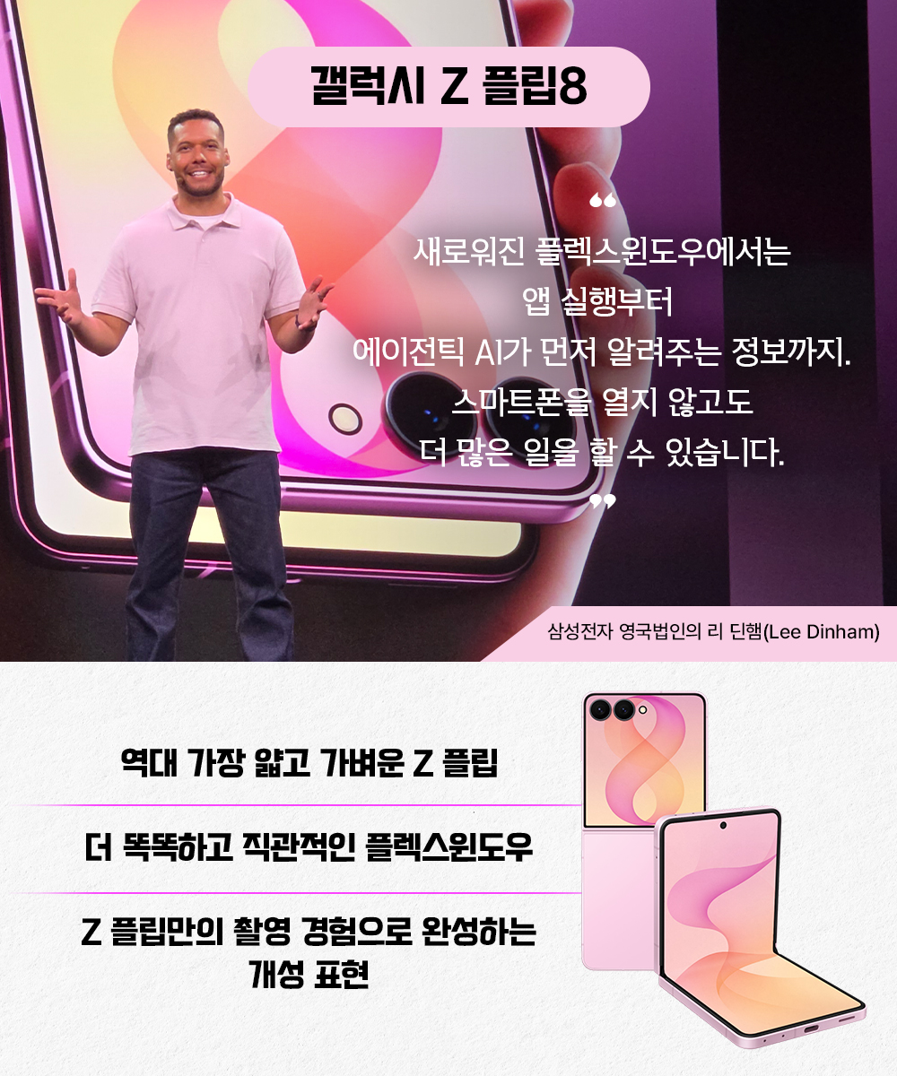 리 딘햄 삼성전자 영국법인 관계자가 무대에서 갤럭시 Z 플립8과 플렉스윈도우 기능을 소개하는 모습. 하단에는 얇고 가벼운 디자인, 직관적인 플렉스윈도우, 플립만의 촬영 기능이 주요 특징으로 정리돼 있다.