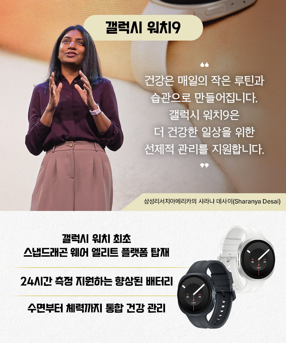 샤라냐 데사이 삼성리서치아메리카 관계자가 갤럭시 워치9의 건강 관리 기능을 설명하는 모습. 하단에는 스냅드래곤 웨어 엘리트 플랫폼, 향상된 배터리, 수면부터 체력까지 아우르는 통합 건강 관리 기능과 제품 이미지가 배치돼 있다.