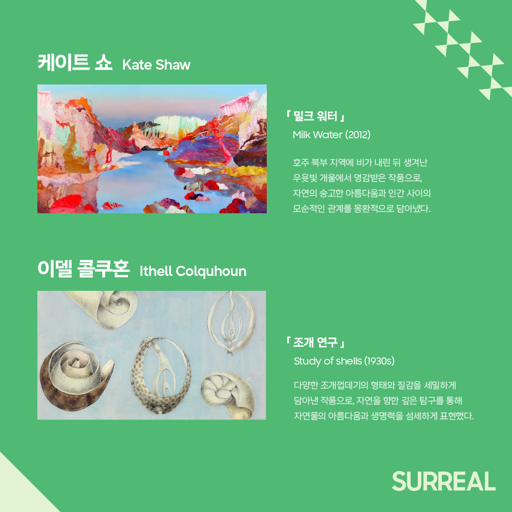 케이트 쇼 Kate Shaw

「 밀크 워터 」

Milk Water (2012)

호주 북부 지역에 비가 내린 뒤 생겨난
우윳빛 개울에서 영감받은 작품으로,
자연의 숭고한 아름다움과 인간 사이의
모순적인 관계를 몽환적으로 담아냈다.

이델 콜쿠혼 Ithell Colquhoun

「 조개 연구 」

Study of shells (1930s)

다양한 조개껍데기의 형태와 질감을 세밀하게
담아낸 작품으로, 자연을 향한 깊은 탐구를 통해
자연물의 아름다움과 생명력을 섬세하게 표현했다.
