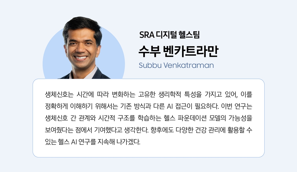 SRA 디지털 헬스팀 수부 벤카트라만. 생체신호는 시간에 따라 변화하는 고유의 생리학적 특성을 가지고 있어, 이를 정확하게 이해하기 위해서는 기존 방식과 다른 AI 접근이 필요하다. 이번 연구는 생체신호 간 관계와 시간적 구조를 학습하는 헬스 파운데이션 모델의 가능성을 보여줬다는 점에서 기여했다고 생각한다. 향후에도 다양한 건강 관리에 활용할 수 있는 헬스 AI 연구를 지속해 나가겠다.