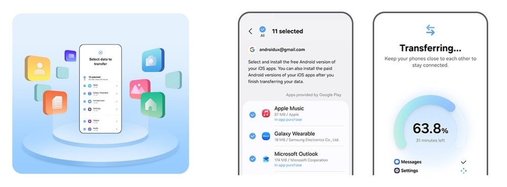 iOS 기기에서 갤럭시 기기로 데이터를 전송하는 모습.