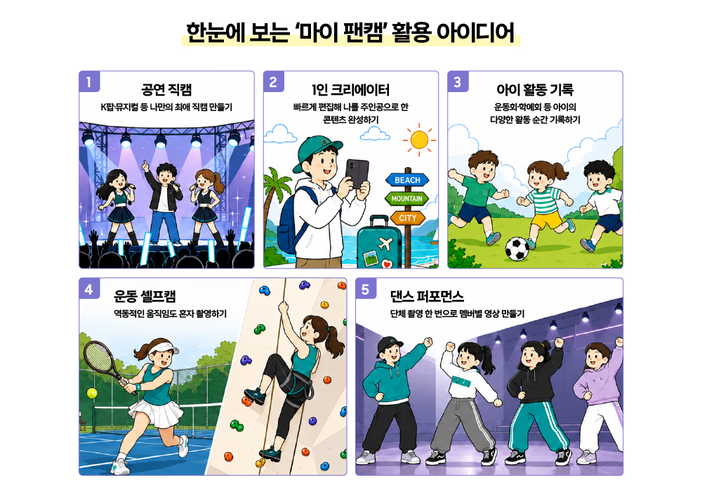 한눈에 보는 '마이 팬캠' 활용 아이디어
1. 공연 직캠: K팝 뮤지컬 등 나만의 최애 직캠 만들기
2. 1인 크리에이터: 빠르게 편집해 나를 주인공으로 한 콘텐츠 완성하기
3. 아이 활동 기록: 운동회, 학예회 등 아이의 다양한 활동 순간 기록하기
4. 운동 셀프캠: 역동적인 움직임도 혼자 촬영하기
5. 댄스 퍼포먼스: 단체 촬영 한 번으로 멤버별 영상 만들기